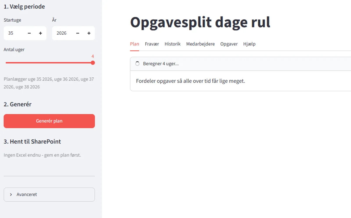 Opgavesplit – sidepanel hvor periode vælges og planen genereres
