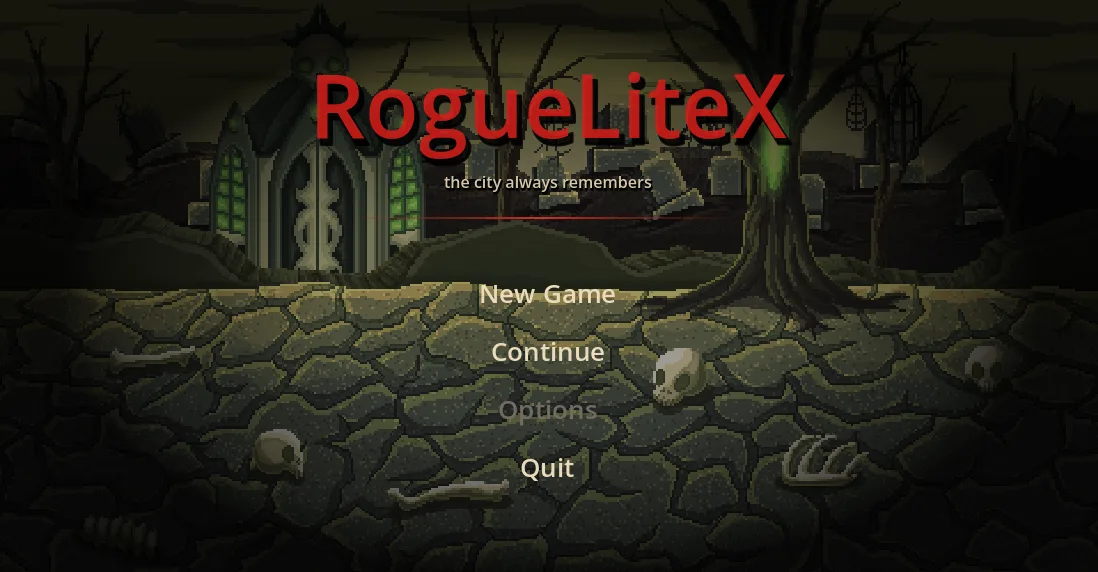 RogueLiteX titelskærm med menu